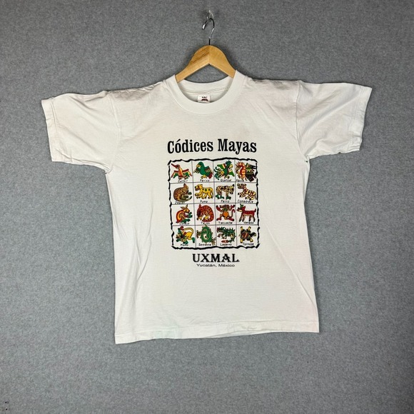 Vtg Codices Mayas Uxmal Yucatan Mexico Graphic T Shirt L White Tourist Shirt 90s - Picture 1 of 7